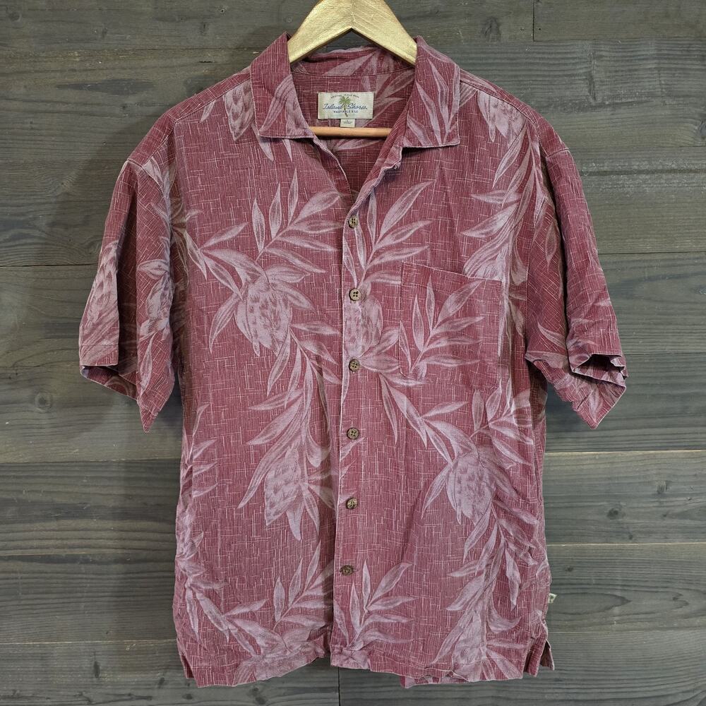 Island Shores Men's L 100% Silk Hawaiian Shirt Burgundy Floral Tropical Washable